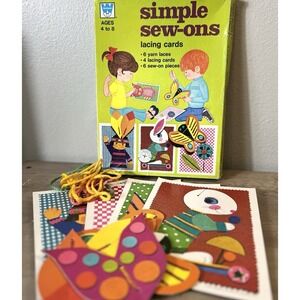 1974 Whitman Simple‎ Sew-Ons Lacing Cards Set Vintage Kids Craft Box **READ
